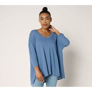 Peace Love World Women's Top Plus Sz 2X Soft V-Neck Sleeve Linen Blue A691369